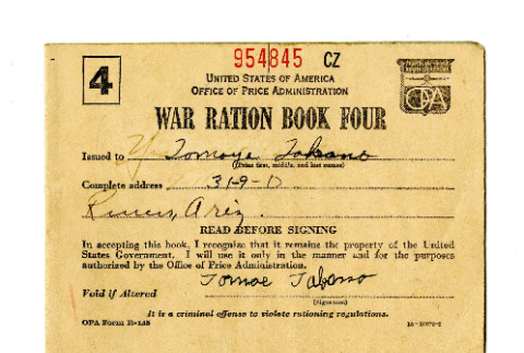 War ration book four, OPA form R-145, Tomeyo Takano (ddr-csujad-42-121)