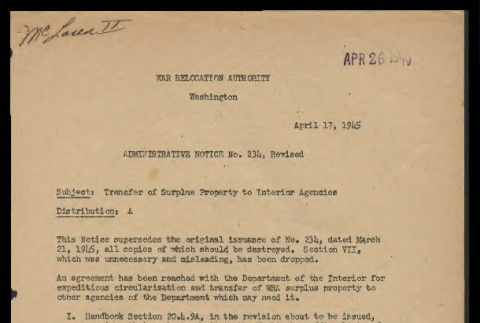 Administrative notice, no. 234 (April 17, 1945), revised (ddr-csujad-55-1665)