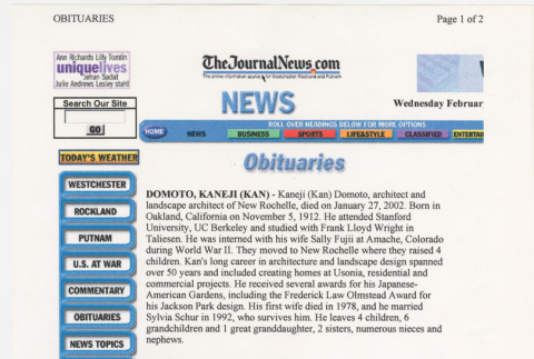 Obituary for Kaneji Domoto in The Journal News (ddr-densho-329-1094)