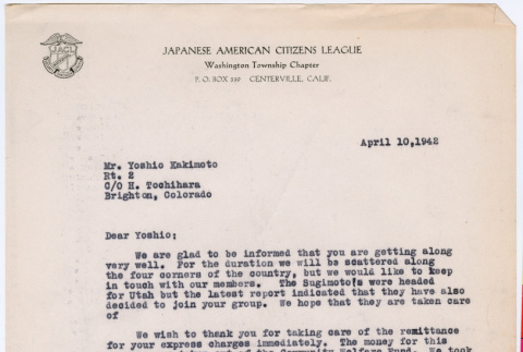 Letter from JACL Washington Township Chapter to Yoshio Kakimoto (ddr-densho-491-22)