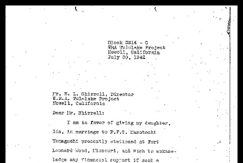 Letter from Jutaro Ryugo to Mr. E. L. Shirrell, Director, WRA Tulelake Project, July 30, 1942 (ddr-csujad-55-2243)