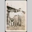 Three men in front of barracks (ddr-densho-298-36)