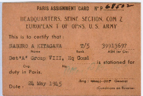 Paris Assignment Card for Saburo Kitagawa (ddr-densho-539-88)