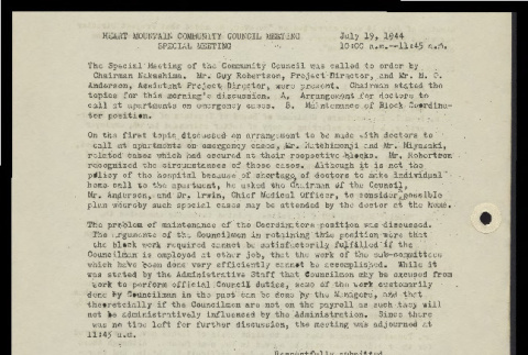 Minutes from the Heart Mountain Community Council meeting, special meeting, July 19, 1944 (ddr-csujad-55-588)