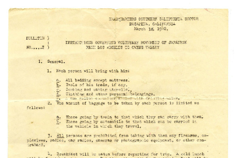 Bulletin, no. 2 (March 18, 1942): Instructions governing voluntary movement of Japanese from Los Angeles to Owens Valley (ddr-csujad-42-156)
