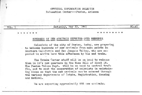 Poston Information Bulletin Vol. I No. 10 (May 23, 1942) (ddr-densho-145-10)