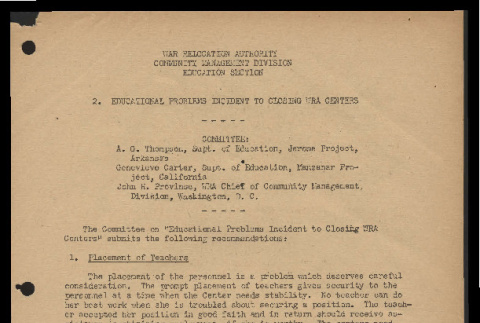 Recommendations by the Committee on Educational Programs Incident in Closing WRA Centers, War Relocation Authority, Community Management Division, Education Section (ddr-csujad-55-1695)