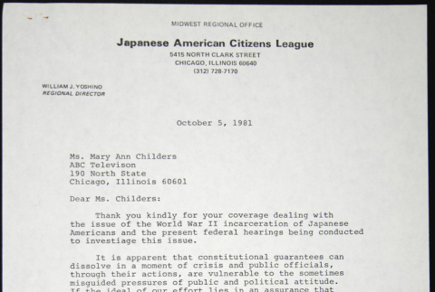 Letter to Mary Ann Childers of ABC Television from Bill Yoshino (ddr-chijacl-1-537)