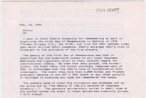 Draft letter to Editor of Pacific Citizen from Frank Abe (ddr-densho-122-178)