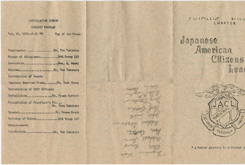 Program for the Puyallup Valley JACL Chapter installation banquet (ddr-densho-277-175)