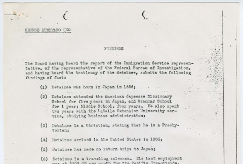 Findings on George Kumemaro Uno (ddr-densho-1007-1030)