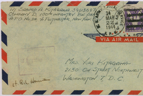 Envelope addressed to Yoriko Kitagawa from Saburo Kitagawa (ddr-densho-539-59)