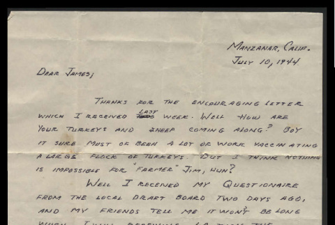 Letter from Leo Uchida to Mr. James Waegell, July 10, 1944 (ddr-csujad-55-2334)