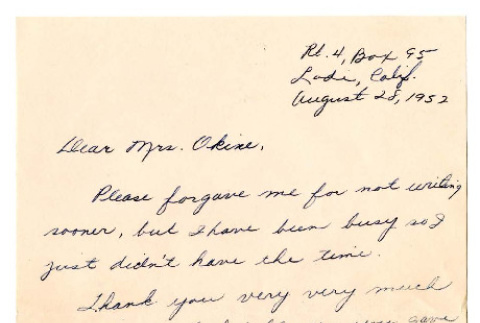 Letter from [Akiko] Ann Tanimoto to Mrs. S. Okine, August 28, 1952 (ddr-csujad-5-277)