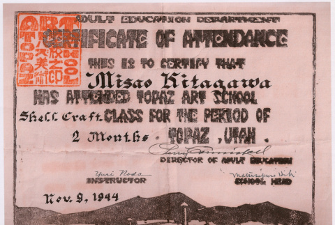 Certificate of Attendance, Topaz Art School, for Misao Kitagawa (ddr-densho-539-52)