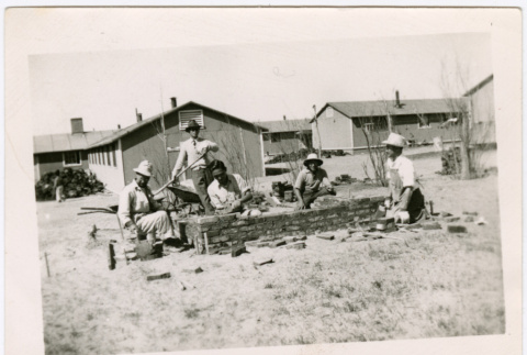 Five Men, Building Site with Bricks outside barracks (ddr-densho-329-1366)