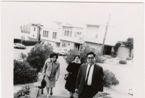 Tomoye, Masako and Henri Takahashi on stairs (ddr-densho-426-220)