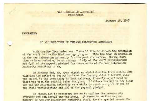 Memorandum from Elmer Rowalt, Acting Director, War Relocation Authority, to all employees of the War Relocation Authority, January 16, 1943 (ddr-csujad-48-126)