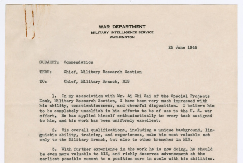 Letter from Major Robert S. Loney to Lt. Col. Merillat Moses Chief, Military Branch, Military Intelligence Service (ddr-densho-446-119)