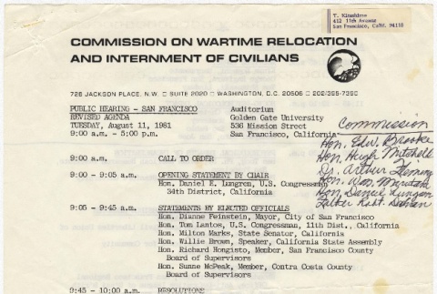 Schedule for the Public Hearing by the Commission on Wartime Relocation and Internment of Civilians (August 11, 1981) (ddr-janm-4-30)