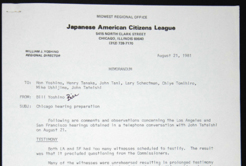 Memo to Ron Yoshino, Henry Tanaka, John Tani, Lary Schectman, Chiye Tomihiro, Mike Ushijima, John Tateishi from Bill Yoshino (ddr-chijacl-1-507)