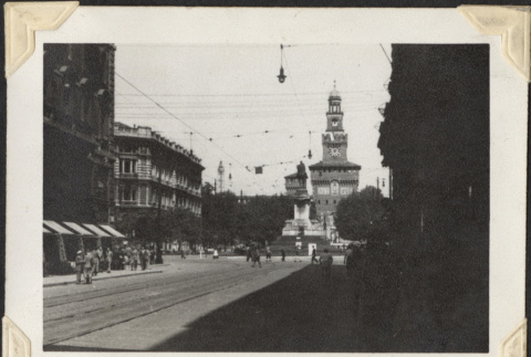 Street with clock tower at end (ddr-densho-466-792)