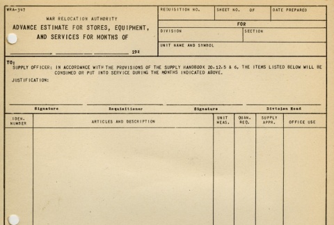 War Relocation Authority form: Advance Estimate for Stores, Equipment, and Services (ddr-densho-155-51)