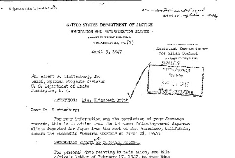 Letter from N.D. Collaer, Assistant Commissioner for Alien Control to Albert Clattenburg, Special Project Division, Department of State (ddr-densho-564-14)