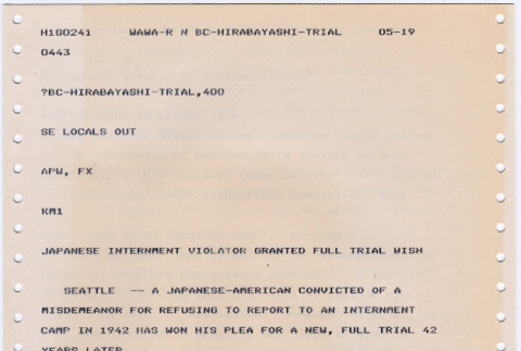 News copy re: Voorhees ruling for new trial for Hirabayashi (ddr-densho-122-324)