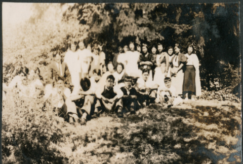 Large group posing by trees (ddr-densho-483-529)