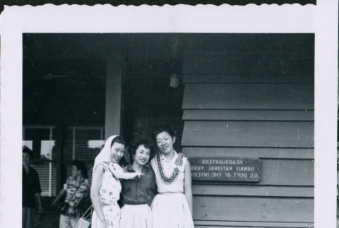 Nisei women pose outside of Hawaii National Park HQ (ddr-densho-363-323)