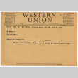 Western Union Telegram to Kan Domoto from Dr. & Mrs. Hayashi, Mr. & Mrs. S. Sasaki, and Mr. & Mrs. Harry Kono (ddr-densho-329-671)
