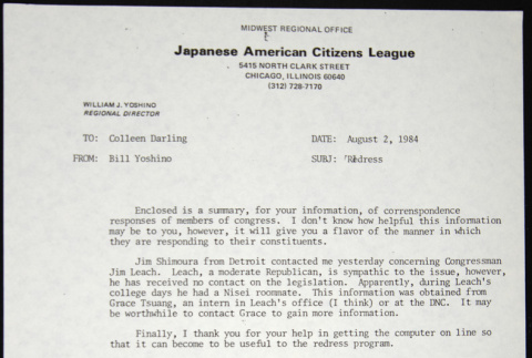 Memo to Colleen Darling from Bill Yoshino (ddr-chijacl-1-710)