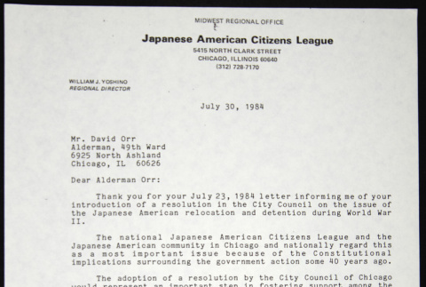 Letter to David Orr from William Yoshino (ddr-chijacl-1-711)