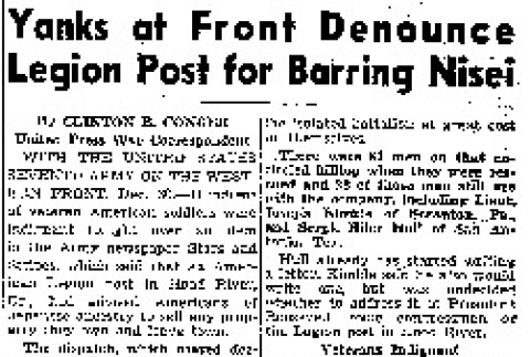 Yanks at Front Denounce Legion Post for Barring Nisei (December 31, 1944) (ddr-densho-56-1090)