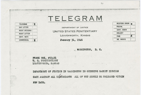 Telegram from A.L. Wirin to Frank Emi (ddr-densho-122-496)