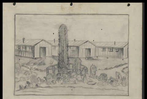 Pencil drawing of Poston barracks and cactus (ddr-csujad-55-1893)