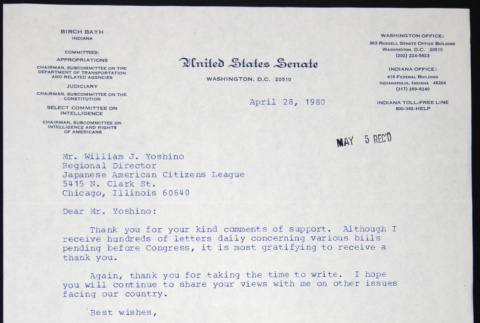Letter to William Yoshino from Birch Bayh (ddr-chijacl-1-369)