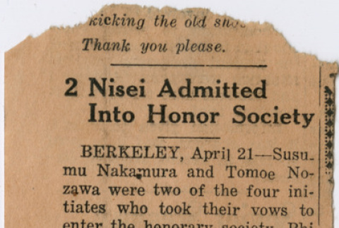 Clipping about Tomoye Nozawa's induction into Phi Theta at Berkeley (ddr-densho-410-365)