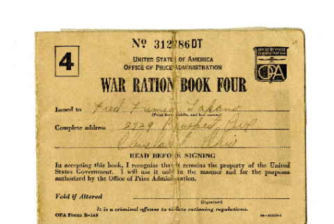 War ration book four, OPA form R-145, Fred Fumio Takano (ddr-csujad-42-124)