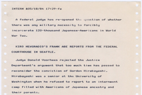News Copy re: District Judge Voorhees reopening of Hirabayashi case (ddr-densho-122-322)