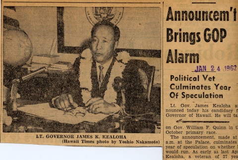 Photograph and article regarding James Kealoha's 1962 gubernatorial campaign (ddr-njpa-2-524)