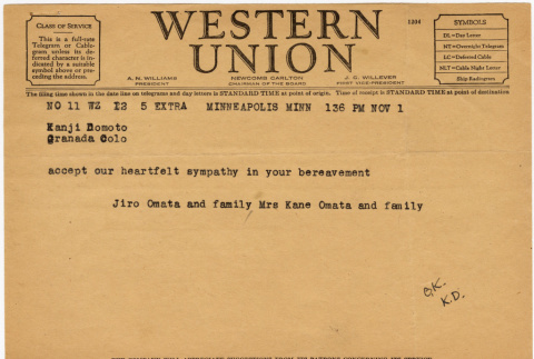 Western Union Telegram to Kan Domoto from Jiro Omata & family and Mrs. Kane Omata & family (ddr-densho-329-649)