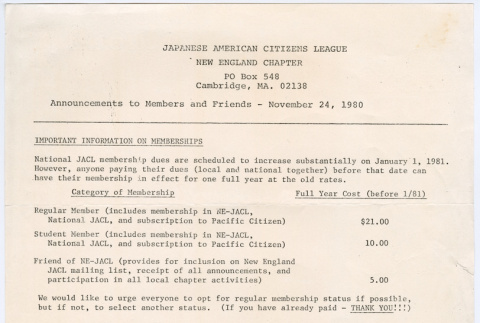 Announcements to members and friends of New England Chapter of the JACL 11/24/1980 (ddr-densho-523-764)