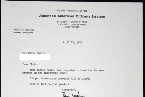 Letter to Chris Swatts from William Yoshino (ddr-chijacl-1-669)