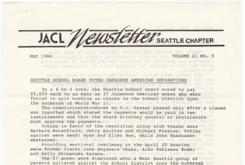 Seattle Chapter, JACL Reporter, Vol. XXI, No. 5, May 1984 (ddr-sjacl-1-334)