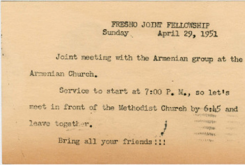 Invitation card to meeting the Armenian group at Fresno Joint Fellowship (ddr-densho-341-138)
