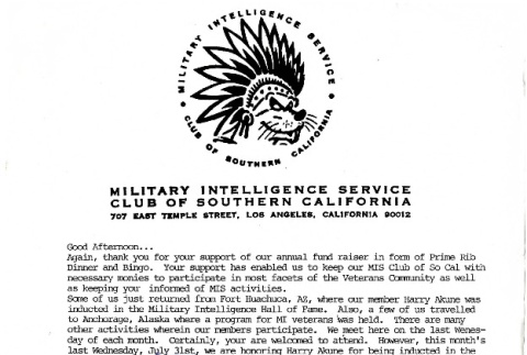Letter from Jim Mita, President, Military Intelligence Service Club of Southern California to the members (ddr-csujad-1-186)