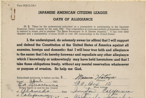 JACL Oath of Allegiance for Masami Hataye (ddr-ajah-7-54)