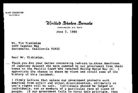 Letter from Alan Cranston, United States Senator, to Tim Yoshimiya, June 3, 1988 (ddr-csujad-55-205)